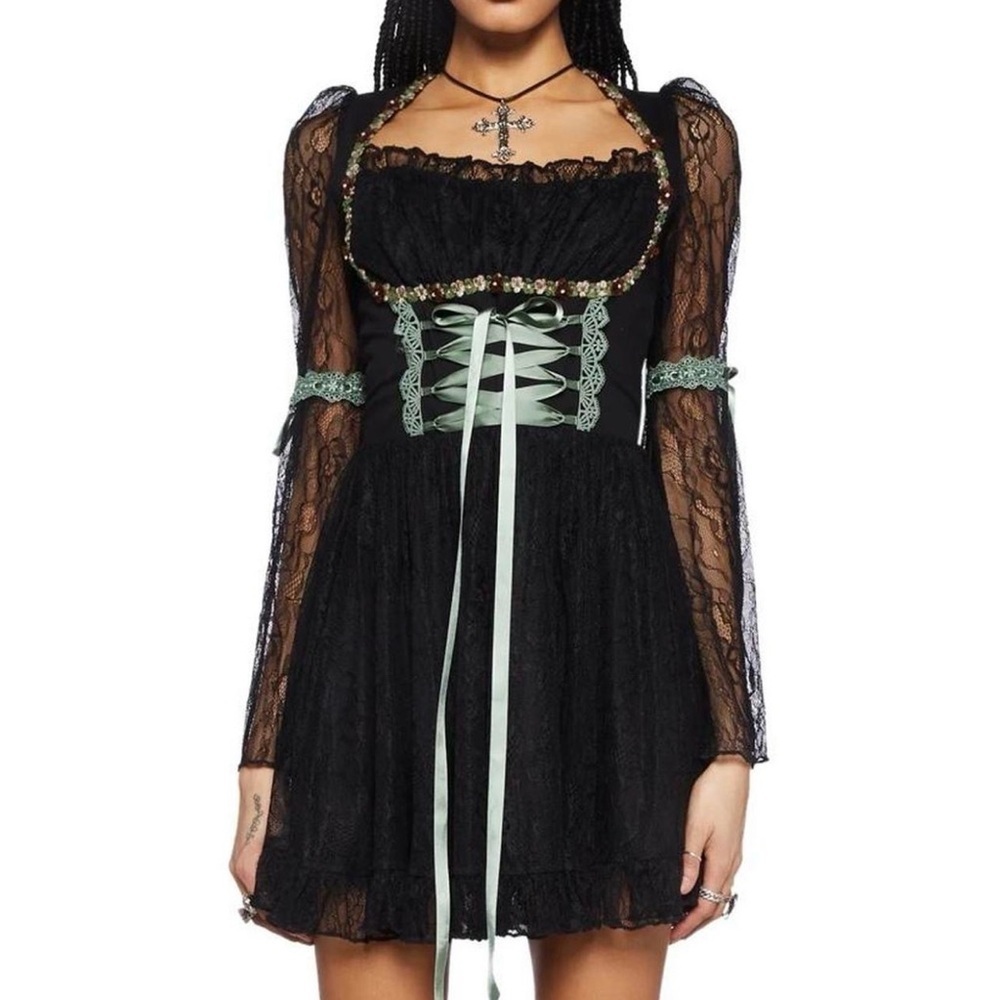 Myths N' Legends Green Lace Fairycore Whimsigoth Mini Dress Size M
